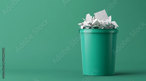 Icon for recycling. Bin container for environmental preservation and waste disposal. Green recycle bin with paper waste, isolated on a green background 