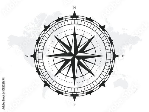 Monochrome Navigational Compass with Cardinal Directions of North, East, South and West