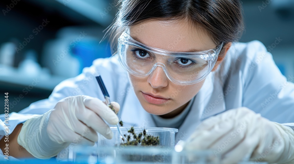 A focused scientist examines samples in a laboratory, wearing protective gear and using precision tools for research. A focused scientist examines samples in a laboratory, wearing protective gear and using precision tools for research.
