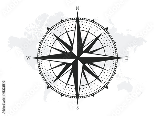 Monochrome Navigational Compass with Cardinal Directions of North, East, South and West