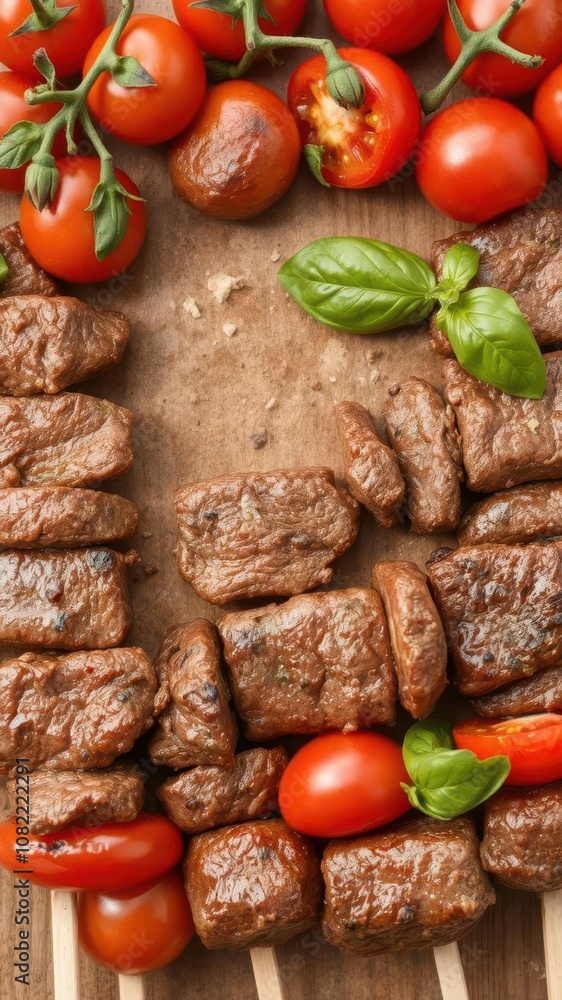 Grilled beef skewers with fresh tomatoes, skewers Grilled beef skewers with fresh tomatoes, skewers