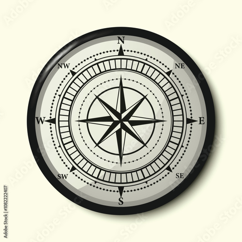 Monochrome Navigational Compass with Cardinal Directions of North, East, South and West