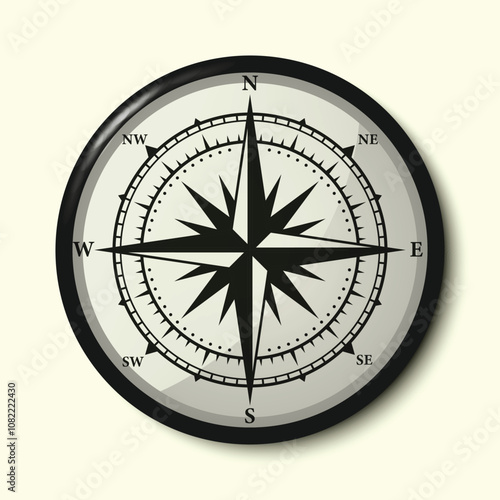 Monochrome Navigational Compass with Cardinal Directions of North, East, South and West