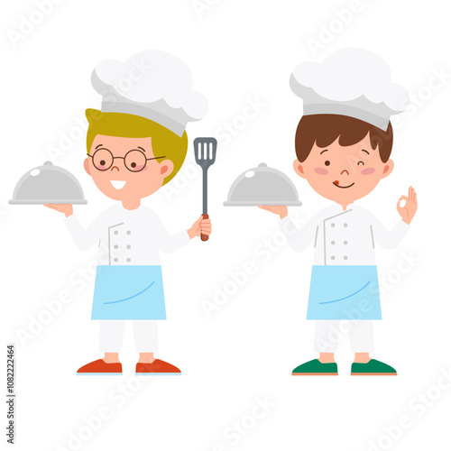 Little boy chef is holding serving hood and spatula