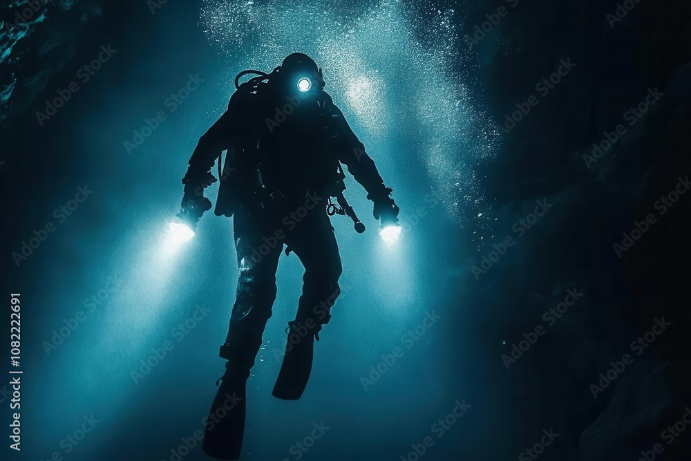 Underwater exploration dive submerged cave photography dark environment low angle adventure and discovery Underwater exploration dive submerged cave photography dark environment low angle adventure and discovery