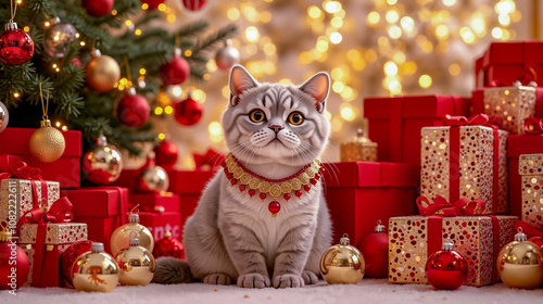 A cat sitting in front of a pile of presents under a Christmas tree photo