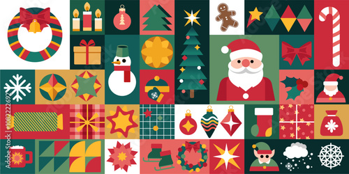 Xmas pattern. Icon New year geometric modern Christmas ornament, square cells. Mosaic card design minimal. Santa and toys for tree decor. Traditional elements on backdrop. Vector holiday background