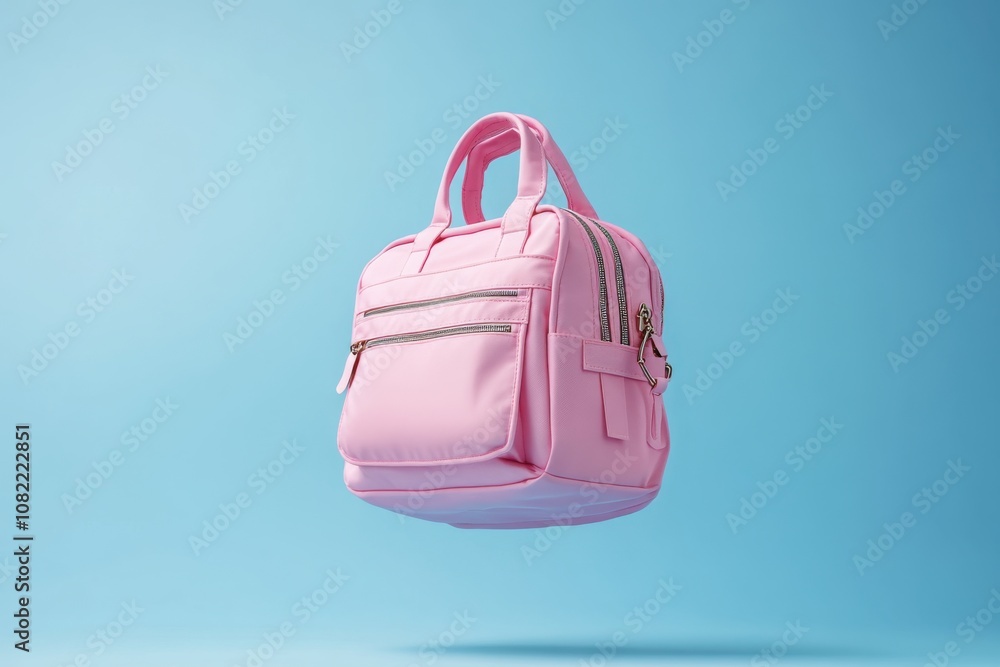 Pastel pink school bag floating on sky blue background, Surreal modern still life Pastel pink school bag floating on sky blue background, Surreal modern still life