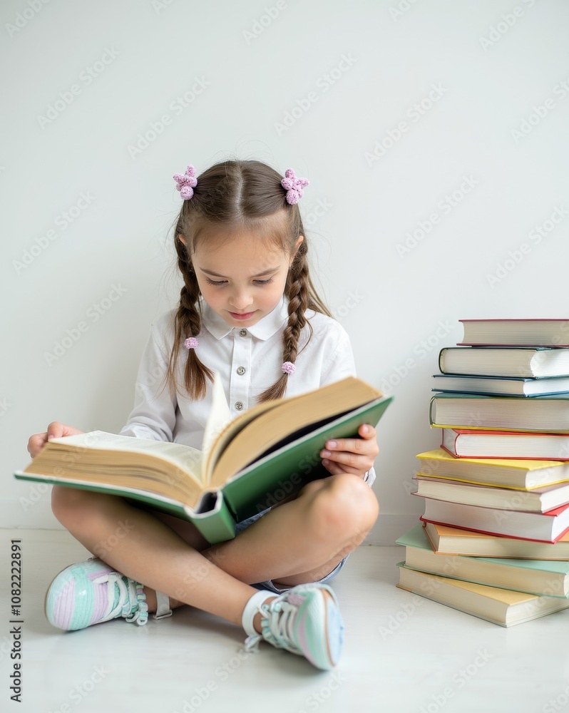 A smiling young girl with braided hair reads a book, sitting cross-legged beside a tall stack of books, radiating curiosity and joy. A smiling young girl with braided hair reads a book, sitting cross-legged beside a tall stack of books, radiating curiosity and joy.
