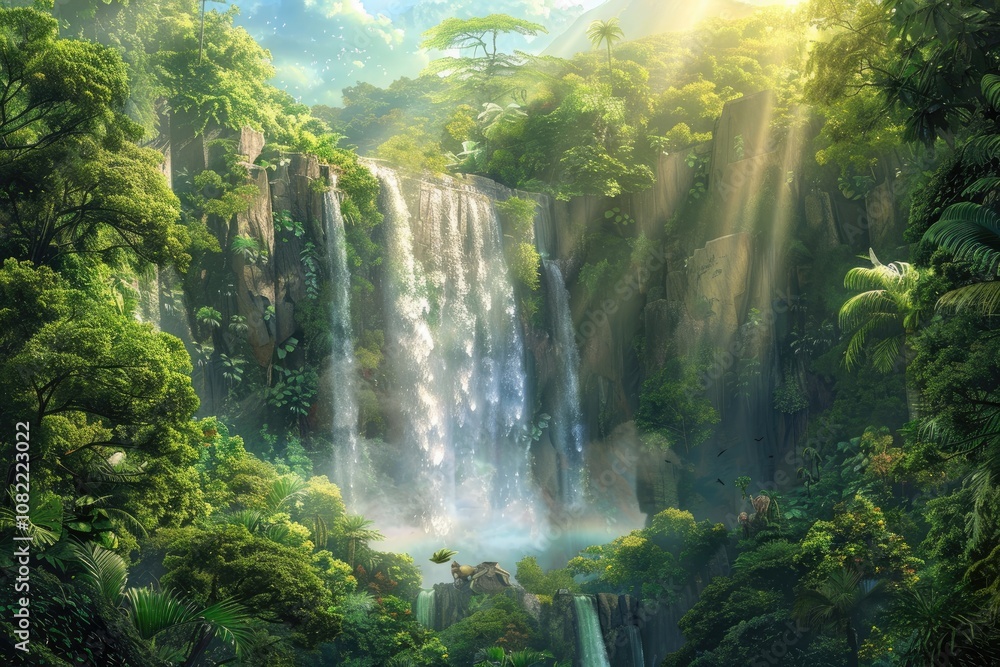 Lush Green Jungle with Majestic Waterfall and Sunbeams