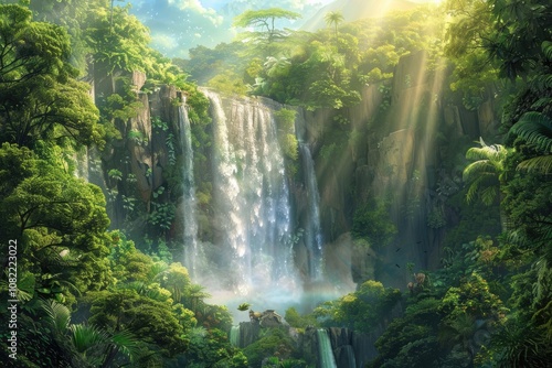 Lush Green Jungle with Majestic Waterfall and Sunbeams