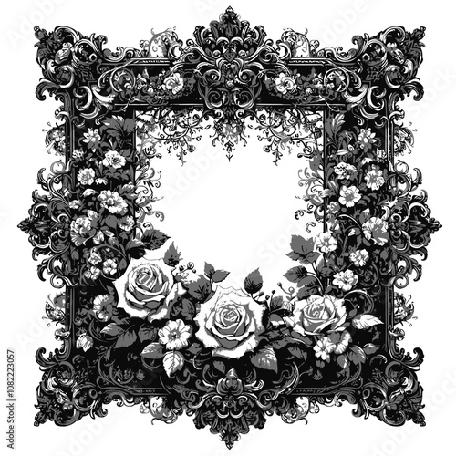 elaborate black-and-white rectangular frame with intricate floral details, featuring roses vector