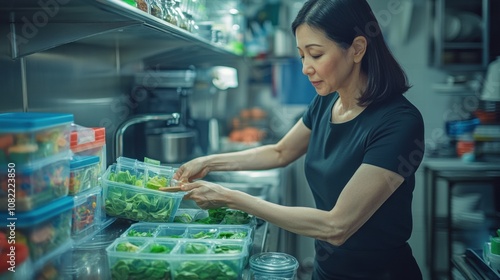 Woman Organizing Fresh Greens and Vegetables in a Kitchen with Clear Storage Containers for Healthy Meal Preparation and Culinary Creativity