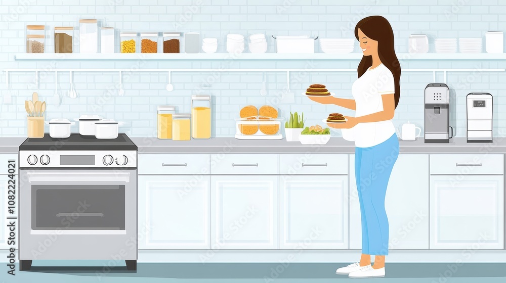 Woman Holding Freshly Baked Cookies in Modern Kitchen, Bright and Inviting Space with White Cabinets, Appliances, and Organized Pantry Items Woman Holding Freshly Baked Cookies in Modern Kitchen, Bright and Inviting Space with White Cabinets, Appliances, and Organized Pantry Items