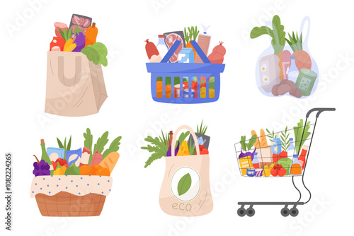 Market food bag. Basket full of groceries from supermarket. Delivery shop sale isolated cartoon flat elements. Grocery, fruits and vegetables, meat and fish. Vector store retail garish illustration