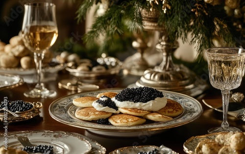 Beluga Caviar with Blinis and CrÃ¨me FraÃ®che â€“ A spread of delicate blinis with Beluga caviar, dollops of crÃ¨me fraÃ®che, and a glass of chilled vodka