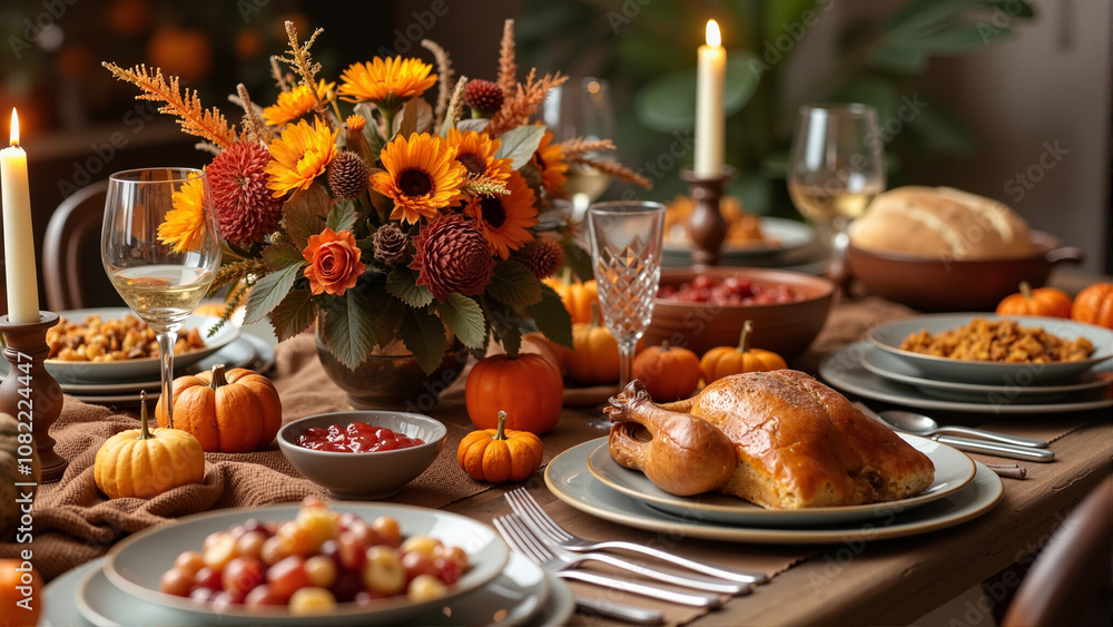 Elegant Thanksgiving Table Setting with Autumnal Festive Decor, Warm Lighting, and Seasonal Centerpieces for a Memorable Gathering Elegant Thanksgiving Table Setting with Autumnal Festive Decor, Warm Lighting, and Seasonal Centerpieces for a Memorable Gathering