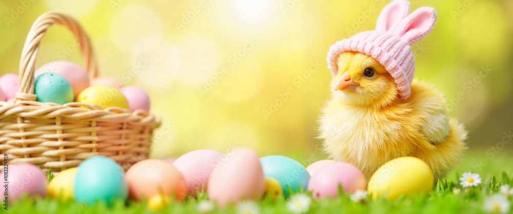 Obraz premium Adorable chick in bunny hat with Easter eggs in spring setting