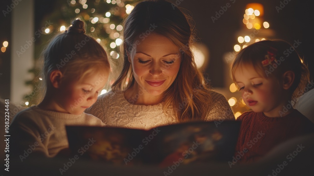 Cozy Family Evening with Mother Reading Storybook to Daughters by the Christmas Tree in Soft Warm Light, Creating a Magical Holiday Atmosphere Cozy Family Evening with Mother Reading Storybook to Daughters by the Christmas Tree in Soft Warm Light, Creating a Magical Holiday Atmosphere