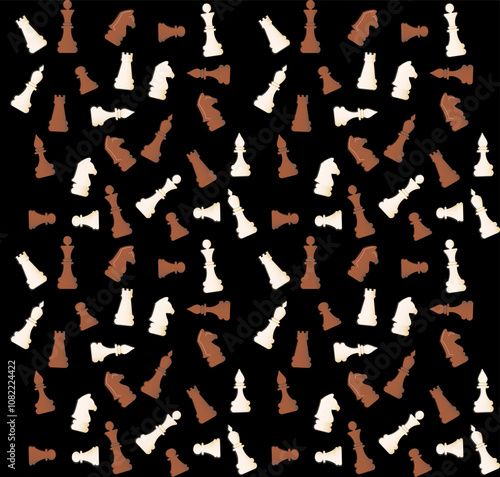 Vector seamless pattern with multicolored chess pieces on black background.