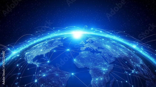 Digital, blue-glowing global network concept with light connections around the Earth planet, a business and connectivity technology background. Big data information exchange online on a dark backdrop.