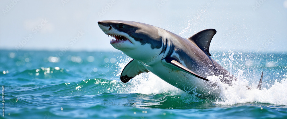 Obraz premium Great white shark leaping out of ocean in dramatic display