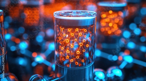 Close-up of glowing vintage vacuum tube with abstract network pattern inside.