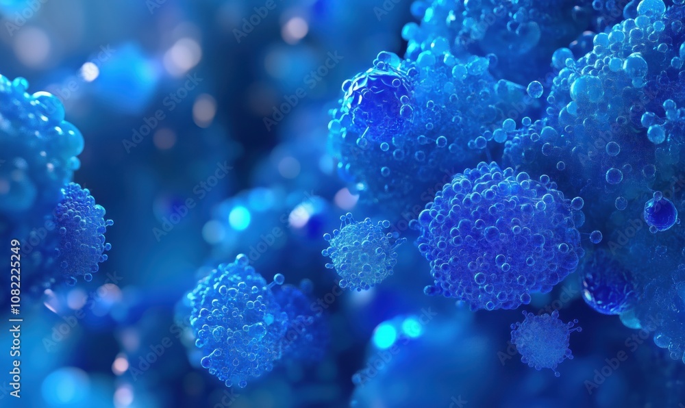 Blue abstract molecular structure, intricate details of bubbles and spheres, vibrant colors, scientific representation of cells or microorganisms Blue abstract molecular structure, intricate details of bubbles and spheres, vibrant colors, scientific representation of cells or microorganisms