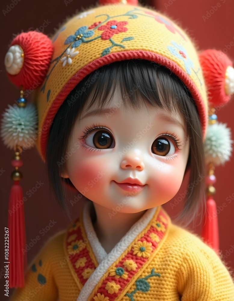 chinese baby girl with smooth facial features and beautiful baby hat on her head,red,yellow,green,blue,purple,realistic,detailed,detailed chinese baby girl with smooth facial features and beautiful baby hat on her head,red,yellow,green,blue,purple,realistic,detailed,detailed