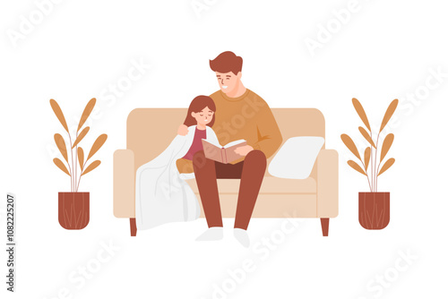 Father Reading Storybook with Daughter