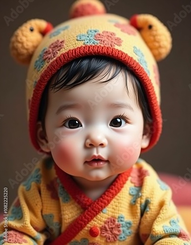 chinese baby girl with smooth facial features and beautiful baby hat on her head,red,yellow,green,blue,purple,realistic,detailed,detailed