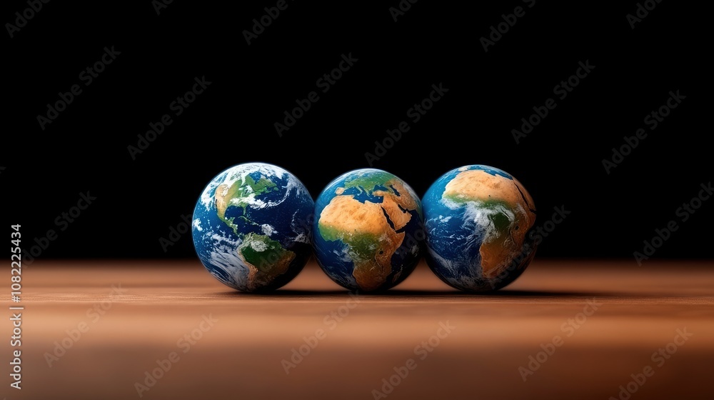 Three Globes of Earth on a Wooden Surface Three Globes of Earth on a Wooden Surface