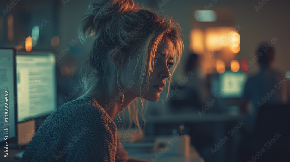 Young woman focused on work at night, illuminated by computer screens, reflecting determination and concentration in a modern office setting. Young woman focused on work at night, illuminated by computer screens, reflecting determination and concentration in a modern office setting.