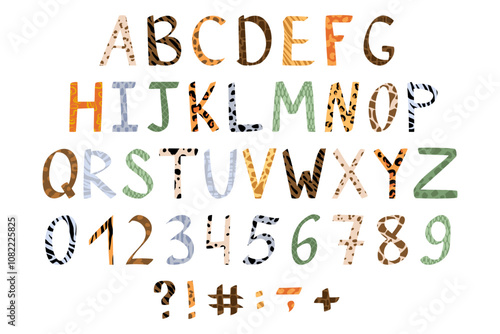 Animal font. Safari alphabet. Mammal skin pattern. African typeset for birthday poster. Children text print. Fur texture. Typographic leopard uppercase letters. Vector garish zoo lettering icons set