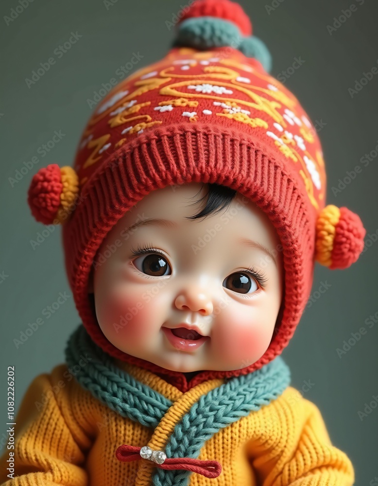 chinese baby girl with smooth facial features and beautiful baby hat on her head,red,yellow,green,blue,purple,realistic,detailed,detailed chinese baby girl with smooth facial features and beautiful baby hat on her head,red,yellow,green,blue,purple,realistic,detailed,detailed