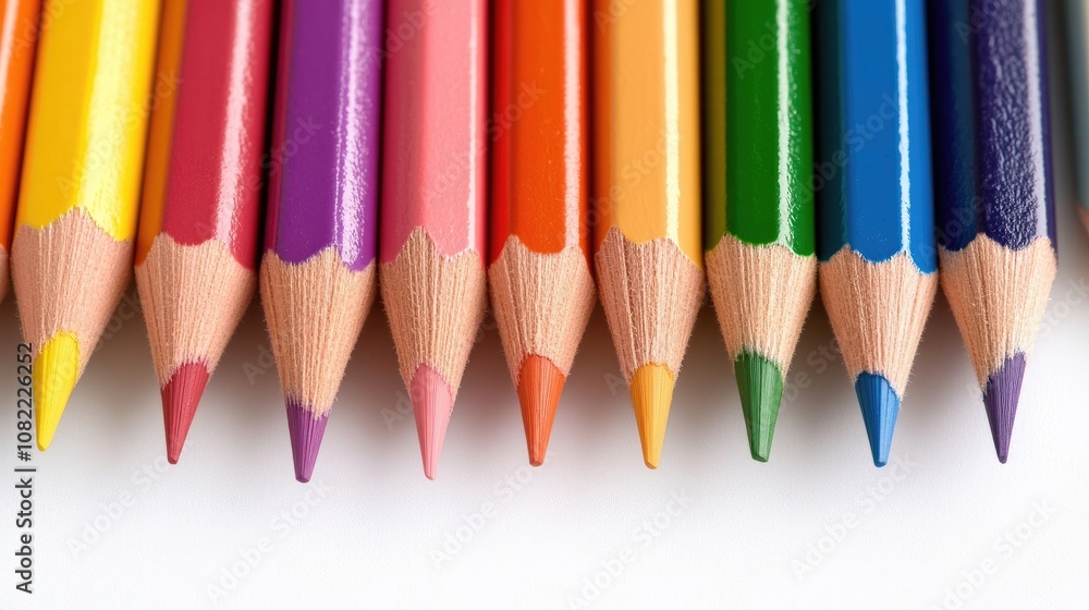 Colorful pencils neatly arranged in vibrant rows on a clean white surface create an artistic flat lay composition perfect for creative projects Colorful pencils neatly arranged in vibrant rows on a clean white surface create an artistic flat lay composition perfect for creative projects