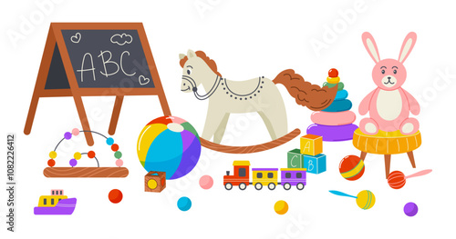 Children toys. Composition of kids stuff mess. Baby education and entertainment. Playground games. Cute horse and plush rabbit. Kindergarten playroom. Ball and color cubes. Vector garish illustration