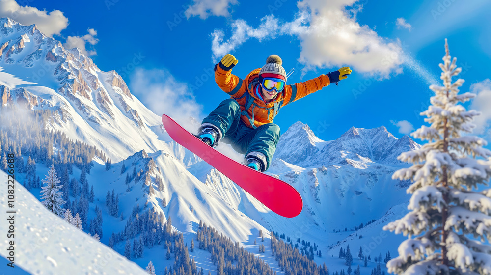 A snowboarder in mid air in the air over a snowy mountain range A snowboarder in mid air in the air over a snowy mountain range