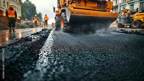 Freshly Laid Asphalt Pavement with Construction Workers - Photo