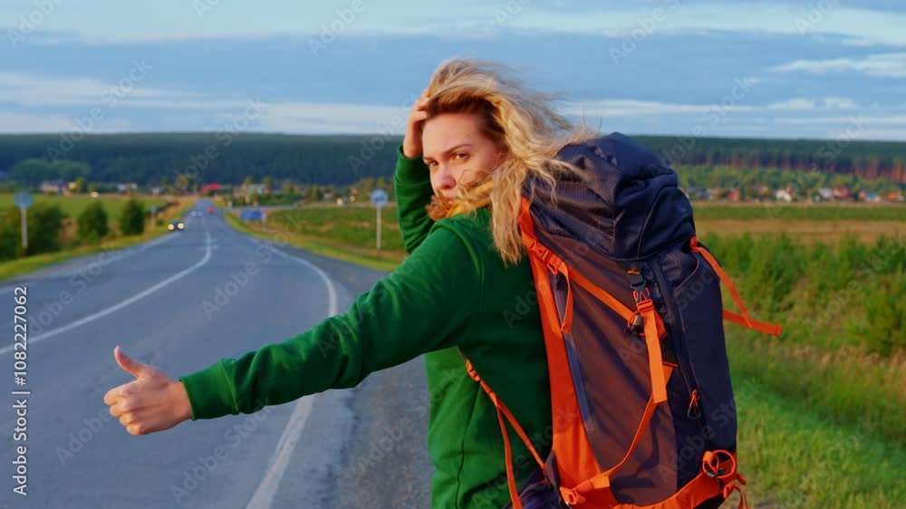 Young woman with a backpack hitchhikes on a country road, signaling for a passing car. The scene captures a sense of adventure and freedom in a picturesque countryside setting