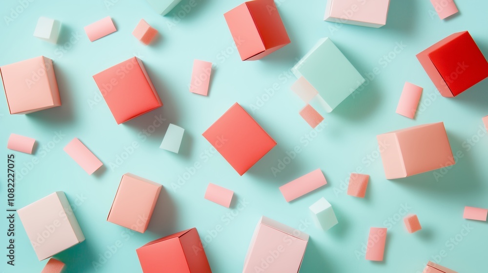 Colorful squares and rectangles are scattered on a blue surface Colorful squares and rectangles are scattered on a blue surface