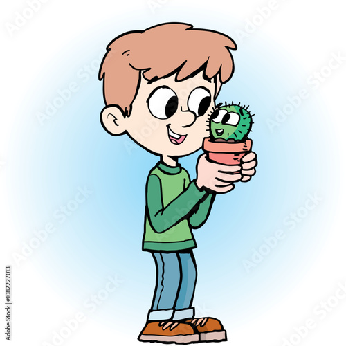 boy is talking to a small cactus2.eps photo