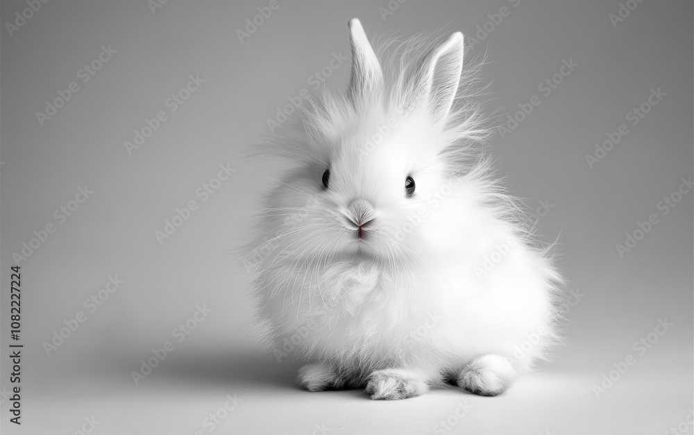 Rabbit on White Background – Fluffy white rabbit with pink nose and long ears perked up, sitting in a gentle pose Rabbit on White Background – Fluffy white rabbit with pink nose and long ears perked up, sitting in a gentle pose