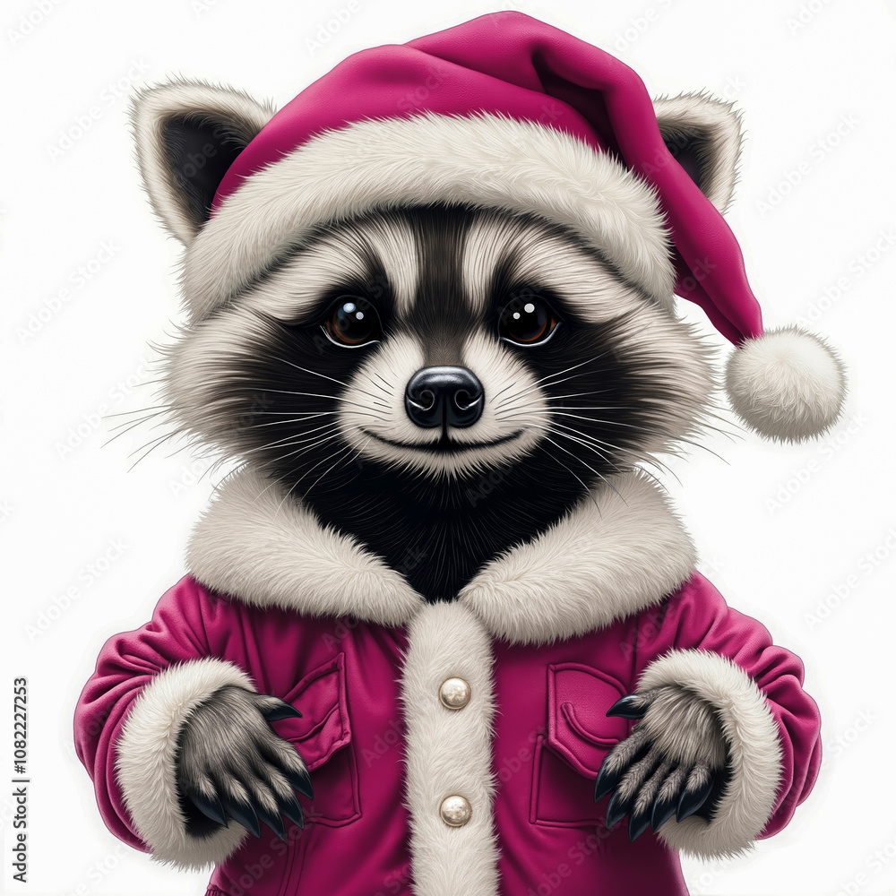 A raccoon wearing a pink coat and a Santa hat A raccoon wearing a pink coat and a Santa hat