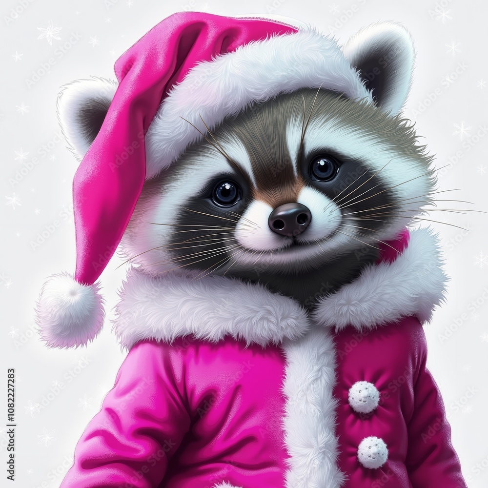 A raccoon wearing a pink coat and a santa hat A raccoon wearing a pink coat and a santa hat