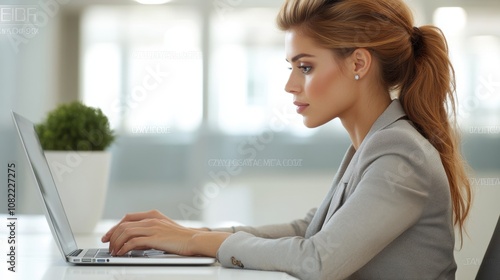 Thoughtful Businesswoman Working on Laptop in Modern Office Environment, Focusing on Screen with Natural Light and Minimalist Background