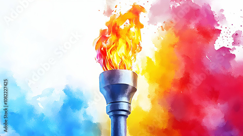 Fiery Torch Illustration with Vibrant Watercolor Background, Symbolizing Hope and Achievement