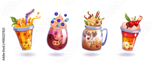 Milkshake icon cartoon set. Milk splash in glass. Drink cute dessert with chocolate, fruit and berry. Beverage in plastic sweet. Summer exotic food in cups. Vector 3D menu of tidy cocktails collection