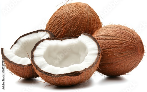 Coconut on White Background â€“ Whole brown coconut with fibrous shell texture, centered and clean 