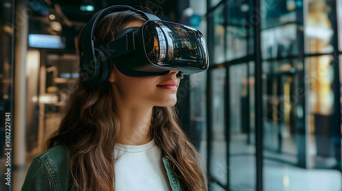 Woman Immersed in Virtual Reality Headset Experiences a Digital World